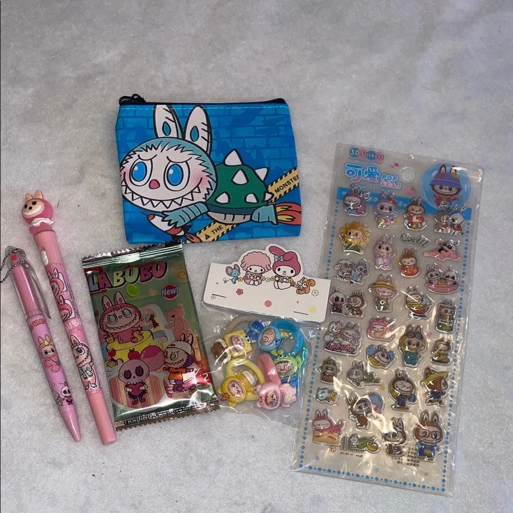 Labubu gift set bundle coin, purse, highlighter pen hair ties stickers card pack